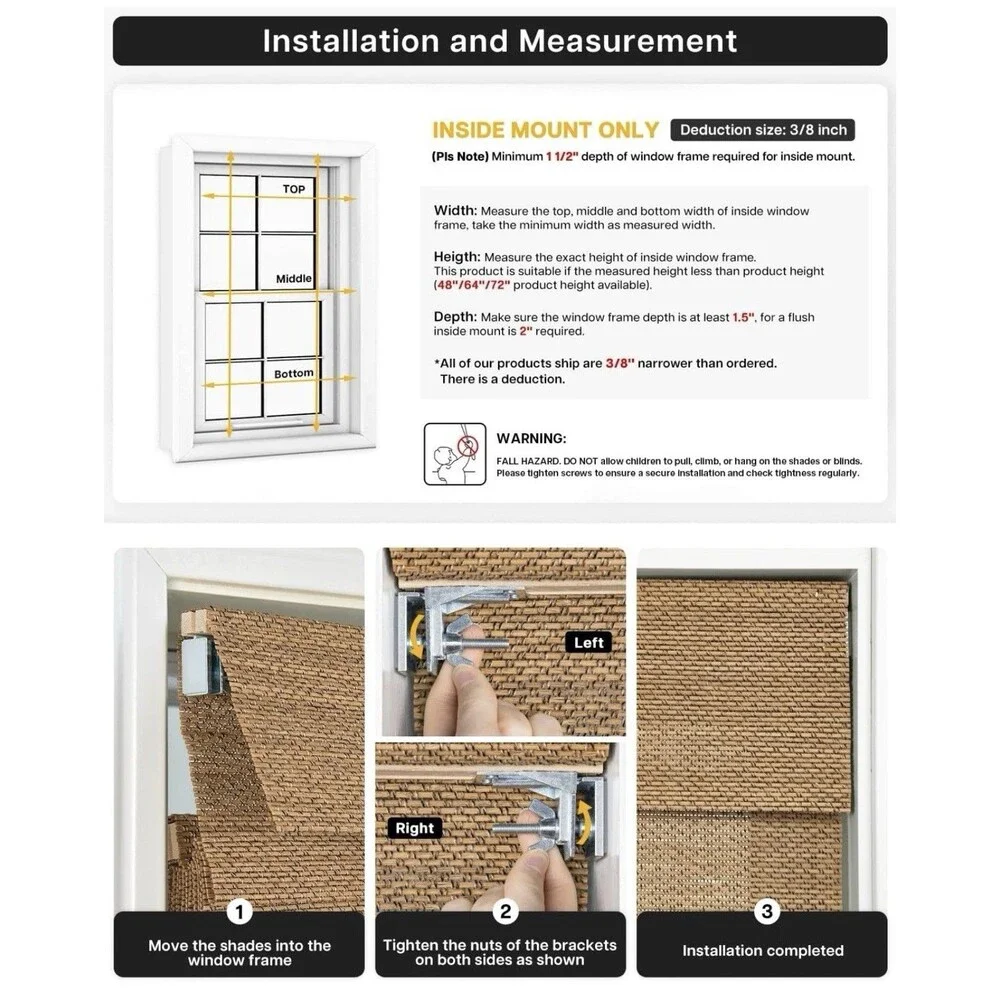 LazBlinds No Drill Bamboo Roman Shades, 30